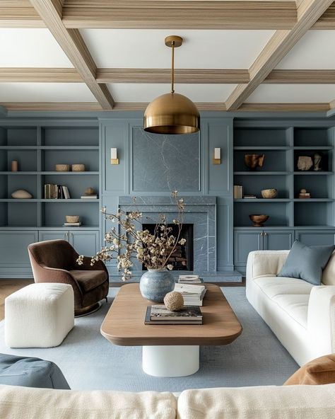 Future Home • Instagram Modern Home With Color, Chic Basement Ideas, White Blue Interior Design, Light Blue Living Room Ideas, Blue Wall Living Room, Hamptons Living Room, Light Blue Living Room, Zen Office, Blue Walls Living Room