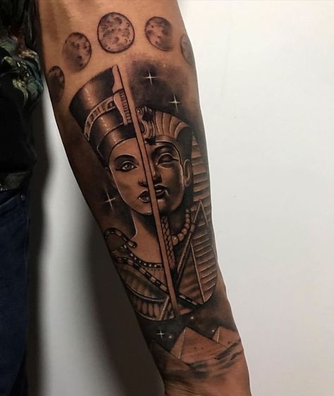 Ancient Egyptian Tattoos For Women, Queen Nefertiti And King Tut Tattoo, 1991 Stomach Tattoo, Mens Egyptian Tattoo, Egpty Gods Tattoo, Egyptian Tattoo Sleeve Women, Egyptian King Tattoo, Nefrititi Tattoo, Nefertiti Tattoo Design