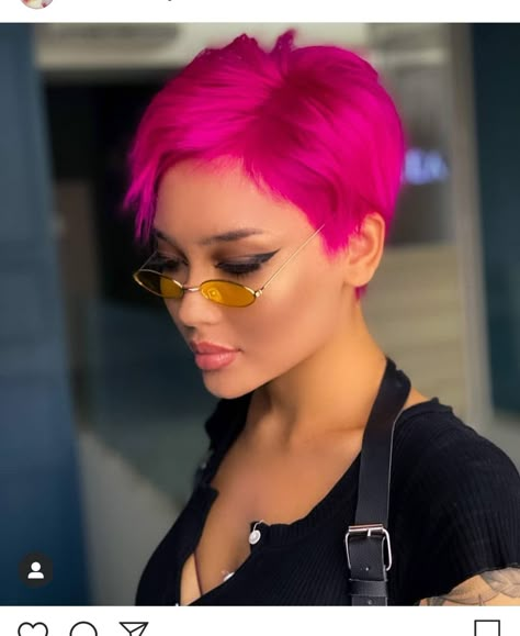 Vivid Hair Color Pixie, Bright Pixie Hair, Short Bright Hair, Hot Pink Pixie Cut, Vivid Pixie Hair, Short Pink Hair Pixie, Colored Pixie Hair, Pink Short Hair Pixie Cuts, Pixie Pink Hair