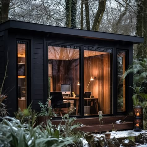 Looking for inspiration for a modern, stylish comfortable and productive garden office? Check out this AI-powered design; all our ideas are fully buildable, based on our tried & tested designs - see our website portfolio for finished builds. ⁠ #intothegardenroom #homeoffice #gardenoffice Garden Room Black, Modern Garden Rooms Uk, Black Garden Room, Garden Room Office, Small Garden Office Ideas, Garden Room Interiors Ideas, Garden Office Ideas Interiors, Garden Office Interior, Garden Rooms Outdoor