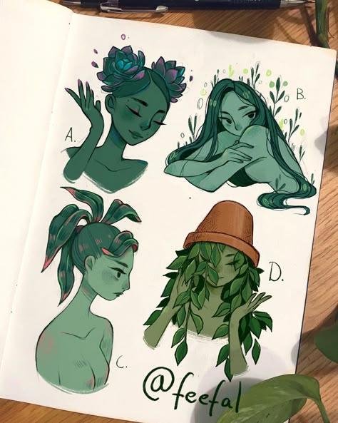 Linnea on Instagram: “Some plant girls🌱 These were so fun to make, I want to draw like a 100 more of them‼️I think I’ll try drawing some fruit haired girls or…” Guache Paintings People, Plant People Drawings, Plant Hair Art, Plant People Art, Plants Character Design, Plant Hair Drawing, Plants As People, Plant Drawing Aesthetic, Plant People Character Design