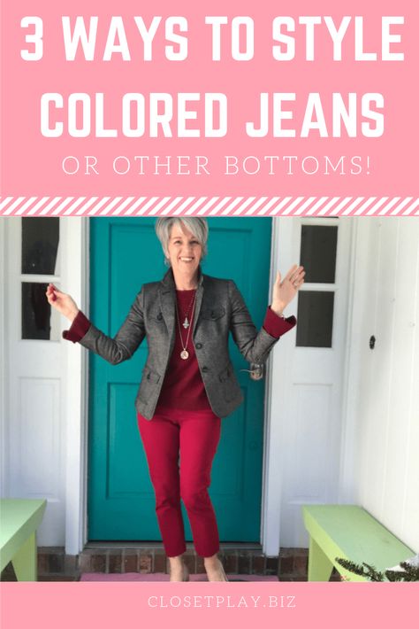 How To Wear Colored Jeans, Blue Jeans Color Combination, Different Colours Of Jeans, How To Style Colored Jeans, Best Jeans Colour For Women, Denim Blue Jeans With Contrast Color, Colored Trousers, Jeans Closet, Colored Jeans Outfits