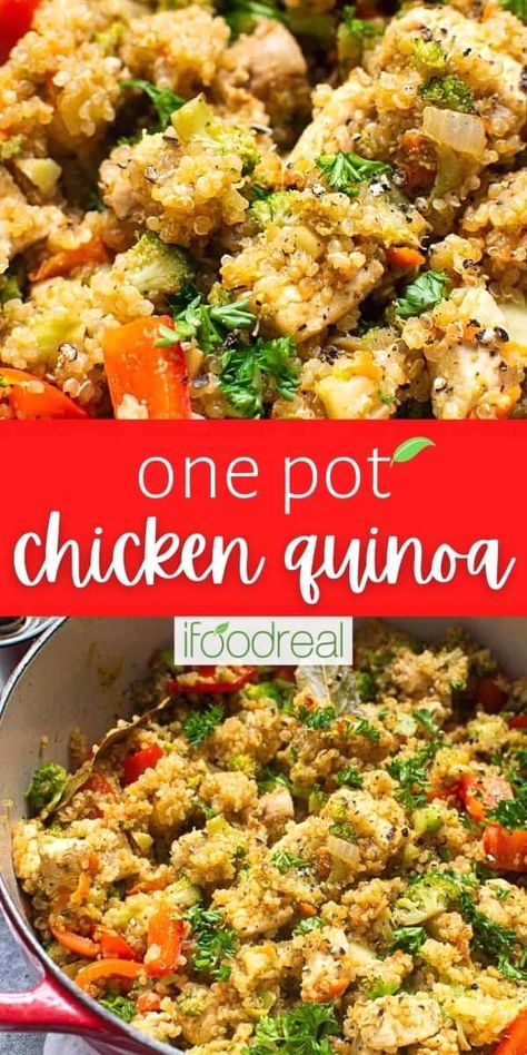 One Pot Chicken Quinoa is loaded with broccoli, wholesome quinoa, juicy chicken and delicious flavours. Nothing is "boring" about this healthy one pot meal perfect for a weeknight dinner! Mediterranean Chicken And Quinoa, Dinner Quinoa Recipes, Chicken Quinoa Recipes Instant Pot, Meals Using Quinoa, Large Pot Recipes, Quinoa Chicken Instant Pot, Chicken And Quinoa Meal Prep Recipes, Quinoa With Chicken Broth, Instant Pot Chicken And Quinoa Recipes