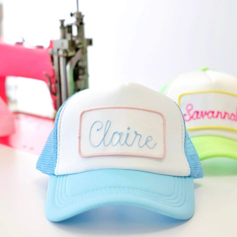 Customize this one size fits all foam trucker hat. Adjustable snap back closure. *Text placement will fit directly inside patch. Personalizer may have it off Light Blue Trucker Hat, Trucker Hat Embroidery Ideas, Bach Trucker Hats, Trucker Hats Bachelorette, Preppy Trucker Hat, Customizable Trucker Hat, Vinyl Trucker Hats, Wedding Trucker Hats, Embroidered Trucker Hat