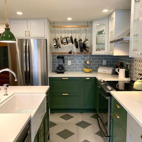 Benjamin-Moore-Peale-Green-kitchen-cupboards Kelly Green Cabinets, Benjamin Moore Peale Green Cabinets, Green Kitchen Cupboards, Farmhouse Flip, Green Interior Paint, Gold Kitchen Hardware, Benjamin Moore Kitchen, Primitive Home Decorating, White Kitchen Cupboards