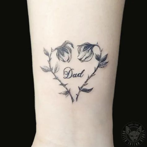 Small Dad Memorial Flower Cursive Font Lettering Tattoo Idea & Design on Arm Dad Memorial Tattoo Done At Birthday Memorial Tattoo, Tattoo In Memory Of Grandfather, Hand Writing Tattoo Memorial, Tribute Tattoos In Memory Of Dad, Memorial Tattoo Designs For Women, Memorial Tattoos Dad, Dad Memorial Tattoo, Tattoos For Dad Memorial, Memorial Tattoo Designs