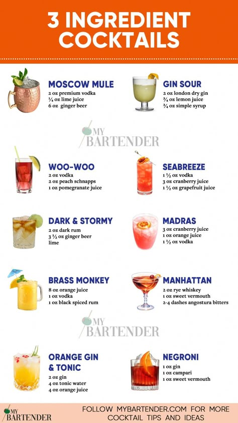 If you’re looking for simple yet delicious drinks to enjoy at home or impress your guests with minimal effort, then 3-ingredient cocktails might just be your new go-to. As the name suggests, these cocktails are made using only three ingredients, making them easy to whip up without the need for a fully stocked bar. #3IngredientCocktails #Cocktails #MorningBrewRituals Fun Simple Cocktails, Mixed Drinks Recipes Easy, Easy Bar Drinks To Order, Few Ingredient Cocktails, 3 Ingredients Cocktails, Easy Drink Ideas Alcohol, 2 Ingredient Drinks Alcohol, Best Alcoholic Drinks For Parties, Easy Homemade Cocktails