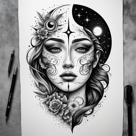 "Fragmented Moon: A Dream in Ink" A face split into cosmic realms, with a crescent moon and dripping ink creating a surreal tattoo that merges the human with the celestial in a striking design. Hashtags: #FragmentedMoon #SurrealTattoo #CosmicVibes #MonochromeInk #TattooDesign #tattoos #tattooart #tattooing #tattooideas #tattoodesign #tattooartist #tattooart #tattooinspiration Surreal Tattoo, Face Tattoos, Black Work, Beauty Tattoos, Tattoo Idea, A Face, Crescent Moon, A Dream, Tattoo Artists