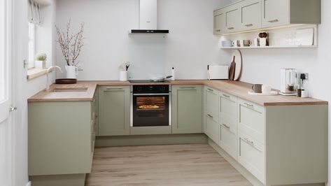 Chilcomb Sage Green Kitchen | Fitted Kitchens | Howdens Howdens White Kitchen, Chelford Kitchen, White Kitchen Shaker, Howdens Chilcomb, Kitchen Howdens, Pebble Kitchen, Kitchen Shaker Style, Kitchen Door Styles, Kitchen Shaker