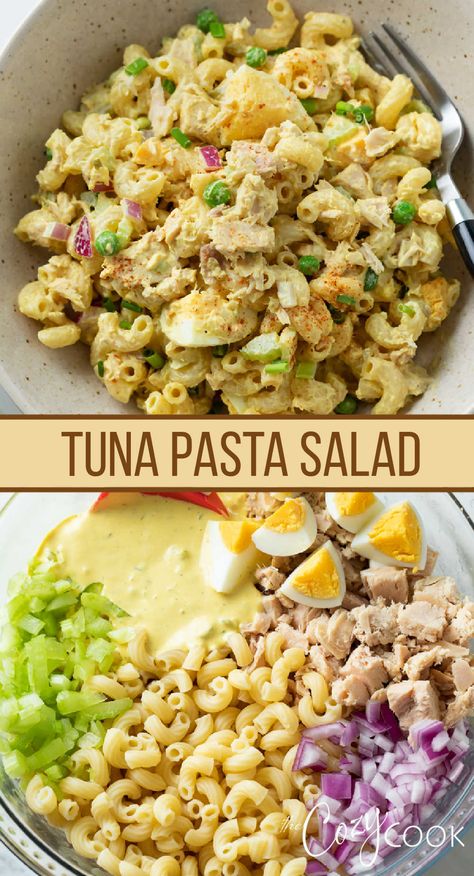 tuna pasta in a bowl with eggs, macaroni, onions, celery, and dressing Creamy Tuna Pasta Salad, Tuna Pasta Salad Recipes, Creamy Tuna Pasta, Tuna Pasta Salad, Healthy Foods To Make, Tuna Salad Pasta, Healthy Food Habits, Healthy Food Menu, Healthy Food Guide