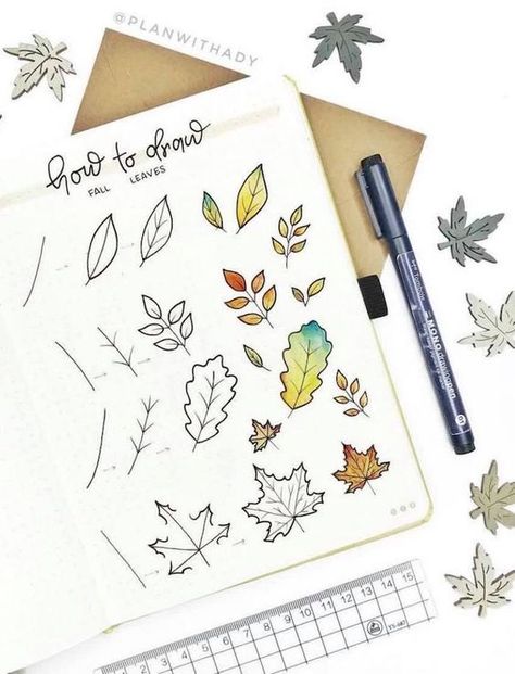 Great doodle tutorial on how to draw fall leaves for your bullet journal decoration.  Add some of these Autumn leaf drawings to your bujo trackers or spreads for some Fall fun #fallbujodoodle #fallleaves #leafdoodle #bujo #howtodrawfallleaves Autumn Drawing, Drawing Autumn, Autumn Doodles, Leaves Doodle, Doodle Art Journals, Bullet Journal Themes, Bullet Journal Art, Journal Themes, Bullet Journal Inspo