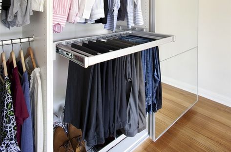 DIY Closet Organizer. This pants rack among other ideas are a MUST for my closet rehab. Great ideas here! Diy Closet Shelves, Organized Closet, Maximize Small Space, Pants Rack, Beautiful Closets, Diy Wardrobe, Closet Remodel, Closet Organization Diy, Small Closet