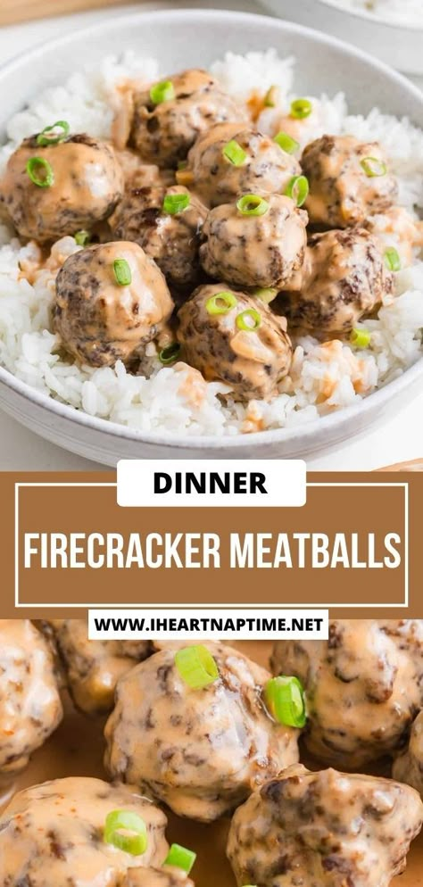 A homemade version of Hello Fresh firecracker meatballs made with tender, juicy meatballs tossed in a creamy, sweet, savory, and spicy sauce. No meal service needed! Hello Fresh Meatloaf, Spicy Meatballs Recipe, Firecracker Meatballs, Honey Garlic Meatballs, Asian Steak Bites, Juicy Meatballs, Meatball Recipes Crockpot, Creamy Pasta Bake, Meal Service