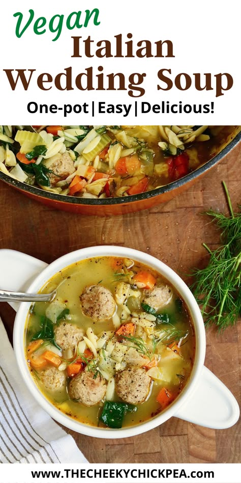 his Vegan Italian Wedding Soup is jam-packed with vegetables, vegan baked meatballs, and pasta. It’s a comforting, foolproof, and easy meal that comes together in one pot! Vegan Italian Soup Recipes, Italian Wedding Soup Vegan, Vegetarian Wedding Soup, Vegan Wedding Soup, Italian Wedding Soup Vegetarian, Vegetarian Italian Wedding Soup, Vegan Italian Soup, Vegan Meatball Soup, Vegan Italian Wedding Soup