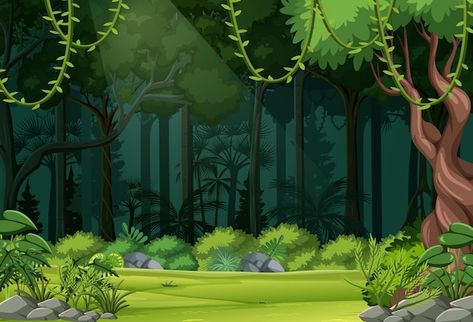 Vector nature forest landscape backgroun... | Premium Vector #Freepik #vector #forest-drawing #tree-clipart #nature-drawing #jungle Kagubatan Background, Jungle Background Landscape, Forest Cartoon Background Animation, Vector Illustration Background, Forest Drawing Background, Background Forest Illustration, Forest Illustration Trees, Cartoon Jungle Background, Forest Cartoon Background