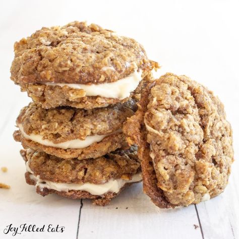 Keto Oatmeal Cream Pies - Low Carb, Gluten-Free, EASY - Joy Filled Eats Thm Oatmeal Breakfast Cookies, Sugar Free Oatmeal Cream Pies, Keto Oatmeal Cream Pies, Healthy Oatmeal Cream Pies, Thm Oatmeal, Adult Cupcakes, Thm Deserts, Thm Cookies, Keto Pies