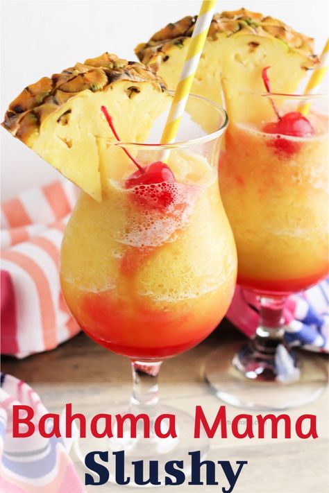 Enjoy a Bahama mama slushy or Bahama mama mocktail at home this summer. Our easy frozen Bahama mama recipe makes 6 slush cocktails. Frozen Bahama Mama Drink Recipe, Banana Mama Drink Recipe, Slush Cocktails, Healthy Slushies, Bahama Mama Recipe, Bahama Mama Drink, Alcoholic Slush, Frozen Mixed Drinks, Poolside Drinks