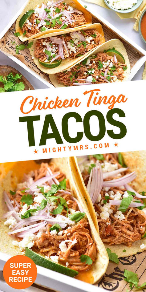 Chicken Tinga Tacos Tailgating Food Ideas Football, Make Ahead Tacos, Chicken Tinga Tacos, Tasty Tacos Recipe, Chicken Tinga Recipe, Shredded Chicken Tacos, Slow Cooker Tacos, Easy Chicken Dinner Recipes, Tailgate Food