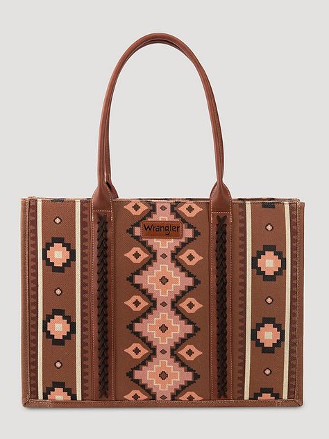 Southwestern Print Canvas Wide Tote | Women's ACCESSORIES | Wrangler® Western Purses, Southwestern Print, Printed Canvas Tote Bag, Brown Tote Bag, Southwestern Patterns, Brown Tote, Crossbody Tote, Large Tote Bag, Tote Purse