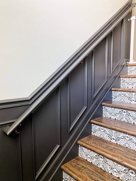 DIY Moody Staircase Shadow Box Trim Wall Wood Paneling Ideas Stairs, Moulding Boxes On Wall, Stair Railing Ideas On Wall, Stairwell Wainscoting Staircases, Decorating Closed Stairway Walls, Wainscoting Ideas Black, Adding Molding To Staircase, Trim Ideas For Stairs, Stairwell Box Molding