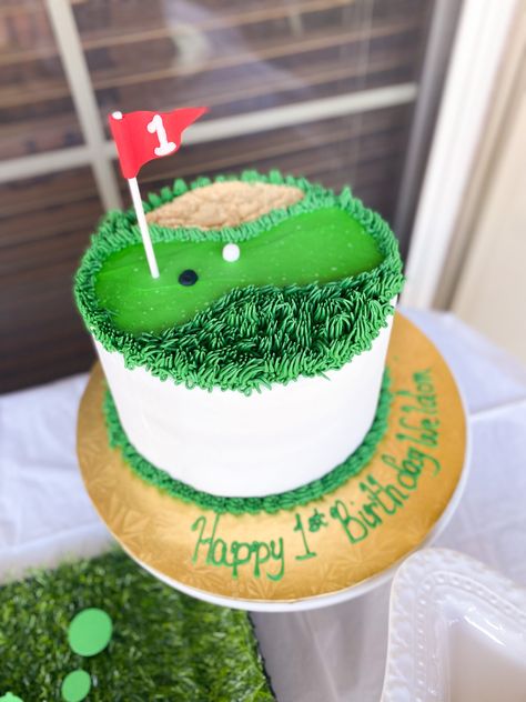 Golf Themed Birthday Party | Hole in One Par-Tee | One Year Birthday Party Golf Theme First Birthday Smash Cake, Golf Cookie Cake Birthday, Hole On One Birthday, Golf Themed Smash Cake, Mini Golf Birthday Cake, Par 3 Birthday Party, Hole In One Cake Smash, Two Year Old Golf Party, Fore Birthday Boy Theme