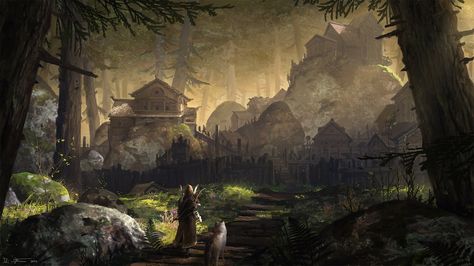 Forest Village, Fantasy Village, Location Inspiration, Art Tumblr, Fantasy Forest, Fantasy City, Fantasy Setting, Fantasy Places, Forest Art