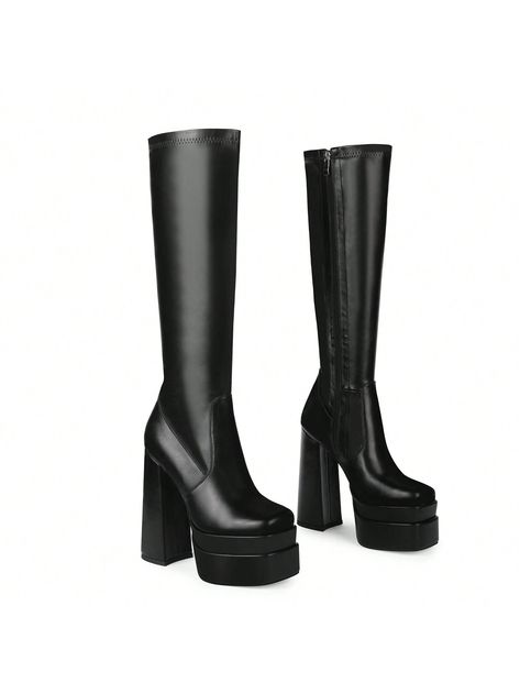 ISNOM Stacked Platform Knee High Boots For Women With High Chunky Heel, Gogo Boots For Women With Square Toe Side Zipper Stretch BootI discovered amazing products on SHEIN.com, come check them out! Platform Knee High Boots, High Boots For Women, Party Fits, Gogo Boots, Heel Design, Chunky High Heels, Design Square, Boots Women Fashion, How To Stretch Boots