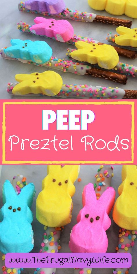 With their bright appearance these Peep Pretzel Rods are perfect for kids' parties, playdates, or as a special surprise for little ones. #peeps #pretzelrods #easter #snack #kids #holiday #frugalnavywife #easyrecipes | Peeps Pretzel Rods | Easter | Holiday | Snacks | Kids | Dessert | Treats | Holiday Kids Snacks, Pastel Candy, Plastic Food Containers, Pretzel Rods, Kid Desserts, Clear Plastic Containers, Candy Decorations, Lunch Containers, Meal Prep Containers