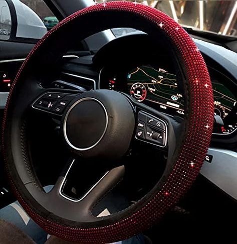 Glitter Steering Wheel Cover, Bling Steering Wheel Cover, Red Car Interior Decor Luxury, Grey Car Accessories, Elegant Car Interior, Car Accessories Red And Black, Women Car Interior Decor, Red Steering Wheel Cover, Red Car Accessories Interior