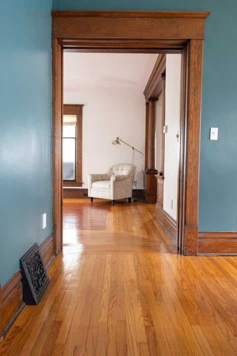 1920s Hardwood Floors, Restored Hardwood Floors, Craftsman Hardwood Floors, Vintage Hardwood Floors, Stained Wood Baseboards And Trim, Traditional Hardwood Floors, Antique Baseboards, Old House Paint Colors, Red Oak Floors Living Room