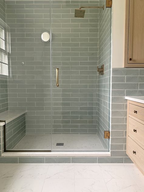 Bathroom Green Subway Tile, Pale Green Tiles In Bathroom, Olive Shower Tile, Bathroom With Green Tile Walls, Light Green Shower Tile Bathroom, Green Subway Tile Shower Ideas, Bathroom Continuous Tile, Aesthetic Bathroom Floor Tile, Bathroom With Green Shower Tile