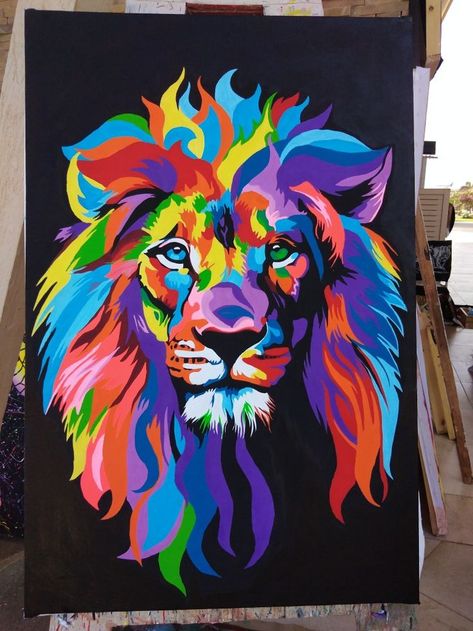 Colourful Lion Painting, Lion Acrylic Painting Easy, Lion Art Painting, Lion Painting Acrylic, Abstract Lion Painting, Colorful Lion Painting, Lion Paintings, Pop Art Acrylic Painting, Lion Canvas Painting