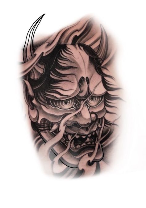 Samurai Face Tattoo, Scary Tattoo Ideas, Mascara Hannya, Koi Fish Drawing Tattoo, Hanya Mask Tattoo, Japanese Tatto, Horror Tattoo Ideas, Japanese Mask Tattoo, Hannya Mask Tattoo