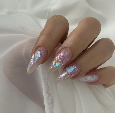 Glass Nails Designs Art Ideas, Sparkly Iridescent Nails, Opalite Nails, Aurora Flakes Nails, Frosted Acrylic Nails, Opal Nails Gel, Aurora Ice Nails, Hologram French Tip Nails, Silver Flake Nails