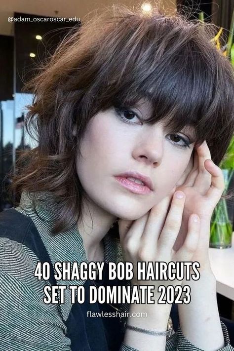 The shaggy bob haircut combines the delicious texture of the shag with the crisp length of the bob. It's casual but edgy—and impossible to resist. Shaggy Bobs Haircuts, Shaggy Bob 2023, Inverted Shaggy Bob With Bangs, Choppy Bob With Bangs Fine Hair, Shag Bob Thick Hair, 2023 Bob Haircuts For Thick Hair, Shaggy Haircuts Short Messy Bob, Shaggy Bob Medium Length, Jayne Edosalon Shag