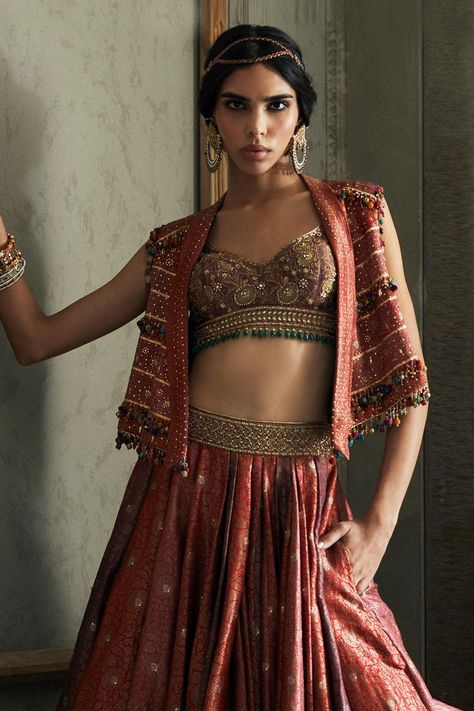 Buy Tarun Tahiliani Multi Color Jacket And Meenakari Brocade Lehenga Set Online | Aza Fashions Indian Silhouette, Fashion Terminology, Brocade Lehenga, Gaun Fashion, Trendy Blouse, Tarun Tahiliani, Indian Wedding Outfits, Embroidered Neckline, Diy Room