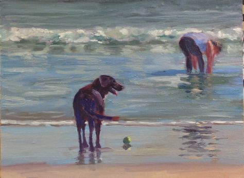 Dog Watercolour, People Paintings, Beach Oil Painting, Painting Animals, Beach People, Painting References, Seaside Art, Beach Stuff, Ireland Landscape