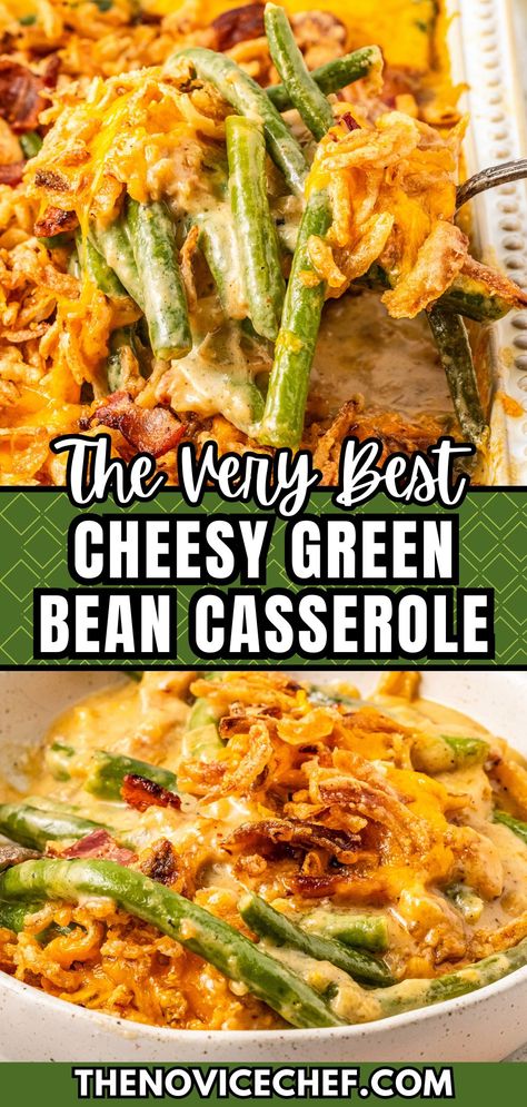 This easy and cheesy green bean casserole recipe is full of tender green beans that are smothered in a cheesy sauce with bacon and crispy fried onions. All those delectable flavors layer together to create one irresistible holiday side dish! Green Beans With Cheese, Green Bean Casserole No Mushroom Soup, Green Bean Casserole Cheesy, Green Vegetable Side Dish, Green Bean Casserole With Cheese, Christmas Casserole Recipes, Green Bean Casserole Recipes, Bean Casserole Recipes, Cheese Green Bean Casserole