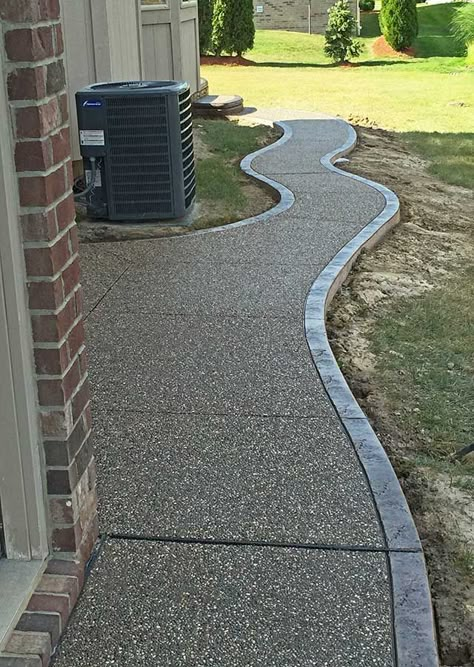 Exposed Aggregate Sidewalk, Exposed Aggregate Concrete Walkway, Sidewalks To Front Door From Driveway Entrance, Concrete Aggregate Patio, Exposed Aggregate Patio Ideas, Exposed Aggregate Walkway, Cement Driveway Ideas, Concrete Pathway Ideas, Stamped Concrete Front Porch