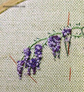 Wisteria Embroidery Design, Embroidered Wisteria, Wisteria Embroidery, Taylor Embroidery, Purple Flower Embroidery, Backpack Designs, Casting On Stitches, Open Flower, Simple Embroidery Designs