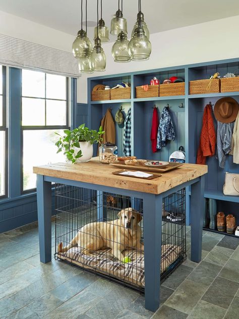 Dog Crate End Table Living Rooms, Dog Crate Mudroom Ideas, Table Over Dog Kennel, Dog Kennel Ideas Indoor Small Space, Dog Crate Island Kitchens, Dog Crate In Garage, Large Dog Crates In Living Room, Dog Area In Kitchen Island, Dog Crate Disguise