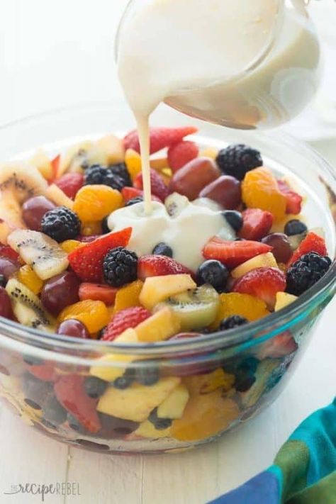 This Creamy Fruit Salad Recipe is made with a Homemade Vanilla Dressing — no pudding mix here! It is the perfect summer breakfast, snack or dessert. Creamy Fruit Salad Recipe, Vanilla Dressing, Fruit Salad Dressing, Creamy Fruit Salad, Wedding Fruit, Ambrosia Fruit Salad, Creamy Fruit Salads, Best Fruit Salad, Dressing For Fruit Salad