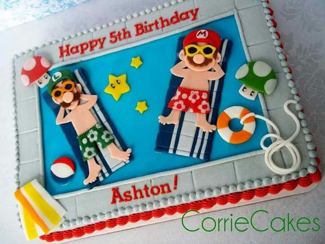 Mario and Luigi birthday cake Mario Pool Party, Pool Party Cake Ideas, Pool Birthday Cakes, Luigi Birthday, Party Cake Ideas, Pool Party Cake, Swimming Pool Cake, Pool Party Cakes, Pool Cake