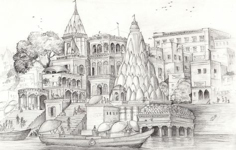 Varanasi Ghaats - Banks of the Ganges A pencil sketch Varanasi Ghat Sketch, Ganga River Drawing, Varanasi Sketch, Varanasi Drawing, Banaras Painting, Entrance Drawing, Varanasi Painting, India Monuments, Ancient Indian Paintings