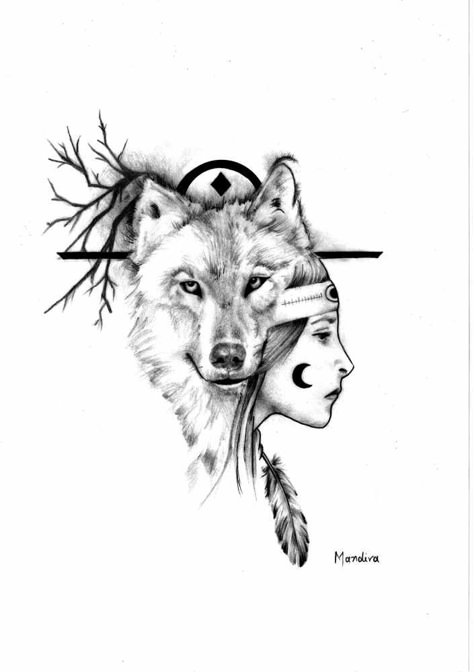 Native American Wolf Tattoo, Wolf Girl Tattoos, Native American Tattoo Designs, Tattoo Wolf, Native American Tattoo, American Indian Tattoos, Native American Tattoos, Native American Wolf, Native Tattoos