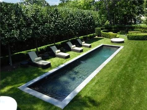 a narrow, long and shallow pool for hanging out and relaxing on hot days Kleiner Pool Design, Moderne Pools, Lap Pools, Small Swimming Pools, Small Pool Design, Modern Pools, Small Pools, Lap Pool, Backyard Pool Designs