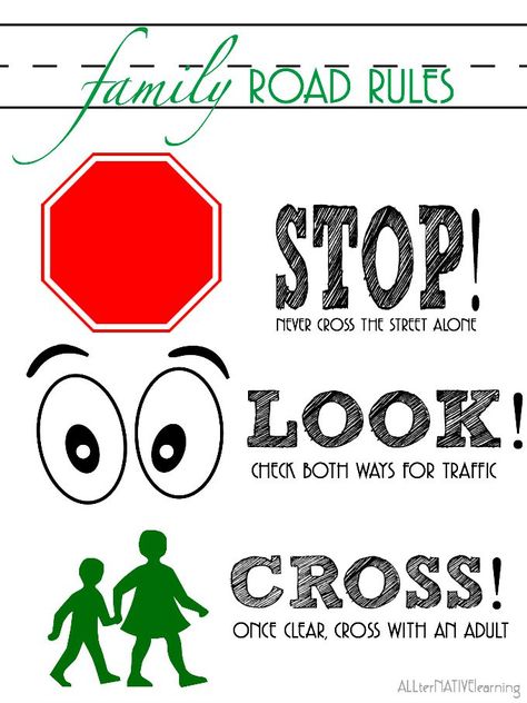 Sign to print to help toddlers and preschoolers understand the rules of the road. Safety Lesson Plans, Road Safety Tips, Road Safety Poster, Road Safety Signs, Teaching Safety, Street Safety, Safety Rules For Kids, Parenting Questions, Safety Crafts