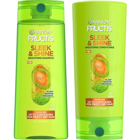 PRICES MAY VARY. Infused with plant keratin and sustainably sourced argan oil, Sleek & Shine's shampoo and conditioner set fights the frizzy hair battle with up to 72  hours of frizz control Our anti frizz shampoo and conditioner set controls frizz for up to 72 hours, even in 97% humidity, when used with our Sleek & Shine serum or leave-in conditioner Garnier is committed to Greener Beauty - our bottles excluding pumps and caps are made of 100% Recycled Plastic Paraben Free Leaping Bunny certifi Garnier Shampoo, Anti Frizz Shampoo, Anti Frizz Serum, Garnier Fructis, Shampoo And Conditioner Set, Hair Care Brands, Best Shampoos, Frizz Control, Frizzy Hair