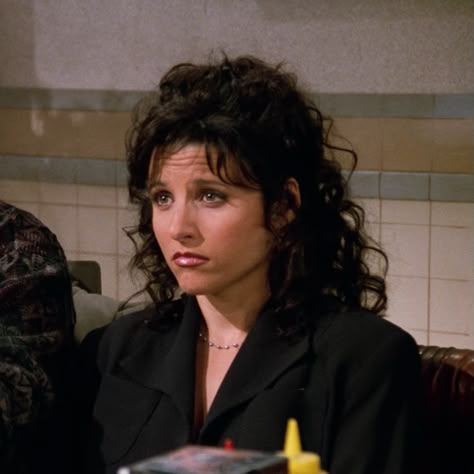 Wavy Hair Celebrities, Elaine Seinfeld Hair, Elaine Benes Hair, Julia Louis Dreyfus 90s, Julia Louis Dreyfus Seinfeld, Elaine Seinfeld, 90s Series, Banana Juice, Seinfeld Kramer