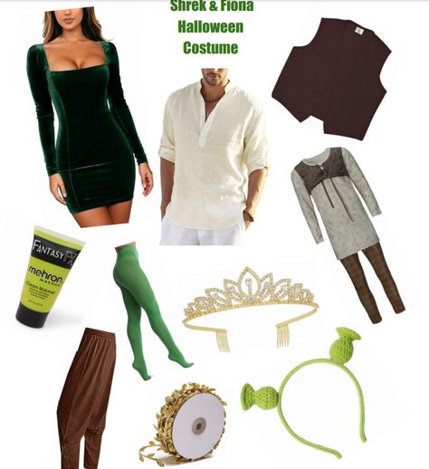 Halloween Shrek and Fiona Costume/simple/DIY/amazoncostume/shrek/fiona Diy Shrek And Fiona Costume, Human Shrek And Fiona Costume, Lord Farquad And Fiona Costume, Shrek Costume Ideas Diy, Fiona Shrek Costume Diy, Fiona Diy Costume, Shrek And Fiona Costume Couple, Disney Inspired Halloween Costumes, Fantasia Shrek E Fiona